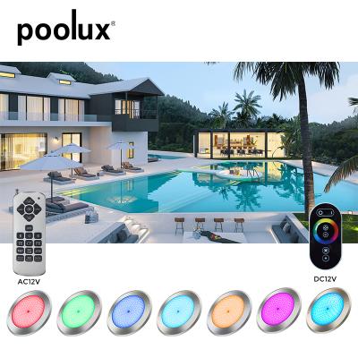 China Swimming Pool 260mm Ultra Thin 8mm 316 Stainless Steel Cover RGB Pool Lights Led Waterproof With Remote Te koop