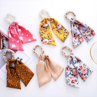 China Korean Luxury Beaded Girls Elastic Hair Band Scrunchies Flora Printed Long Tie Hair Rope Hair Scrunchies Pearl Scrunchies Wholesale for sale