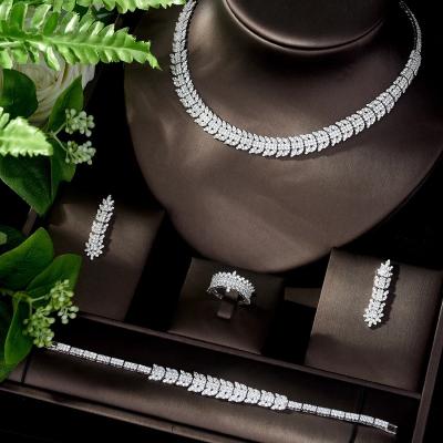 China New CLASSIC Luxury Zircon Set Necklace Earrings Bracelet Four-Piece Women Weeding Bridal Jewelry Set for sale