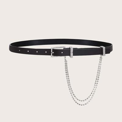 China Elegant Style Women PU Studded Chain Belt Rhinestone Decor Rhinestone Modern Chain Belt Black for sale