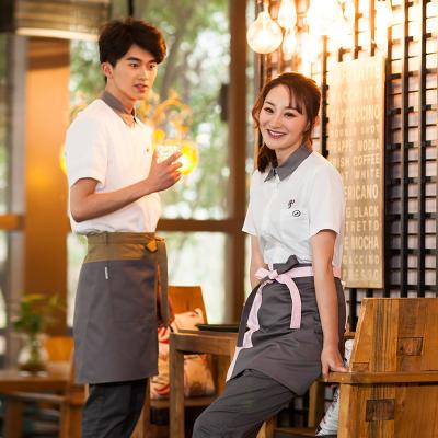 China Breathable Short Sleeve Cafe Waiter And Waitress Restaurant Uniforms And Stylish Moderno Asian Shirt With Sublimation Apron for sale