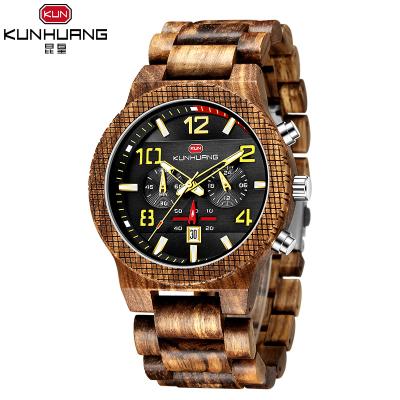 China Nice Auto Date Anniversary Engraved Wood Watches For Gift Big Dial Wooden Chronograph Skeleton Watch In Vogue for sale