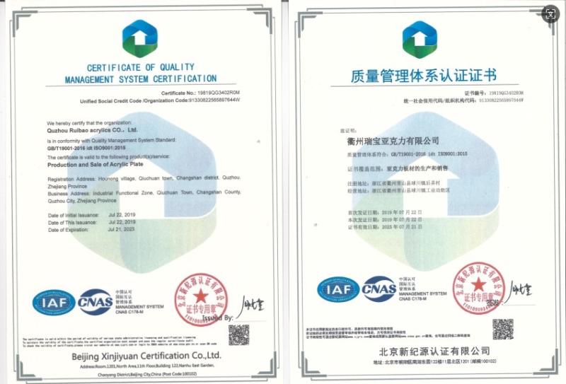 CERTIFICATE OF QUALITY MANAGEMENT SYSTEM CERTIFICATION - Quzhou Perfect Plastic Material Co., Ltd