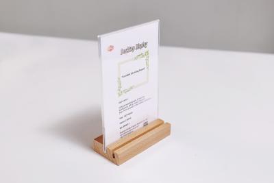 Cina Advertising Card Display Stand L Shape Wood Base Acrylic Sign Holder Portrait Ad Frame in vendita