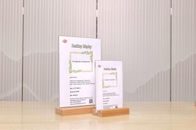 中国 Customized Table Menu Wood Base Acrylic Sign Holder Picture Frame with Wooden Base 販売のため