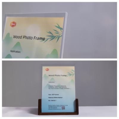 China Vertically Oriented Top Insert Tabletop Acrylic Photo Frame With Wood Base for sale