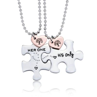 China Wholesale Custom Engraving Romantic Qushine Pendant Stainless Steel Puzzle Necklaces Jewelry Set For Lover Couples for sale