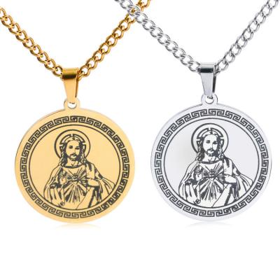 China Qushine Stainless Steel Religious Gold Plated Men's Christian Medallion Jesus Pendant Coin Necklace New for sale