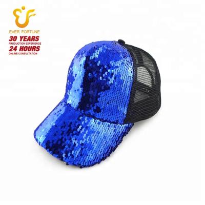 China JOINT Color 6 Panel Sequin Factory Direct Shiny Plain Plain Sequin White Baseball Hat Shiny Mesh Trucker Hat for sale