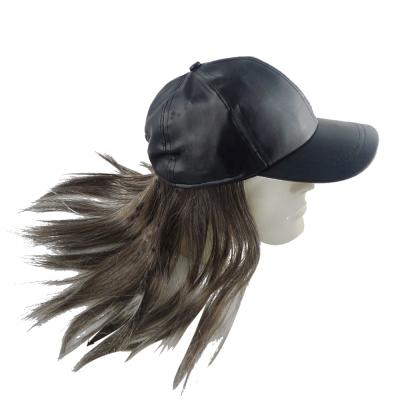 China 6 Panel Black PU Baseball Caps Hats High Quality Leather gorras gorras with hair wig for men and women for sale