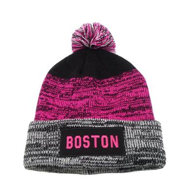 China COMMON High Quality Winter Knitted Jacquard Flip Beanie Hat Pom Pom Toque With Patch Custom Logo Unisex for sale