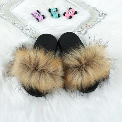 China Flat Open Toe Faux Fur Slippers Fluffy House Shoes Outdoor Indoor Slides for Kids Children Girls for sale