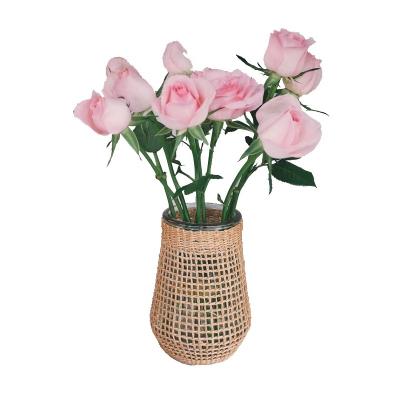 China Transitional Straw Vase Classic Country Style Rattan Wicker Wrapped Glass Flower Vase For Home Decoration for sale