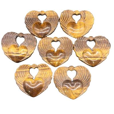 China Hot Selling Europe Natural Tiger Eye Stone Quartz Crystal Carved Angel Wing Heart Healing Decoration for sale