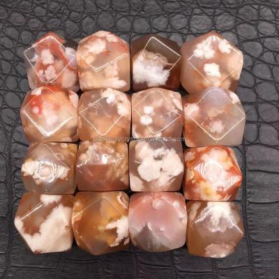 China Wholesale Natural Europe Cherry Blossom Agate Crystal Carved Polyhedron Healing Decoration for sale