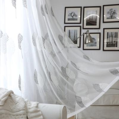 China Pure White Blackout Curtains Banyan Leaves Embroidered Design Rod Pocket Window Curtains Drapes for Living Room Bedroom for sale