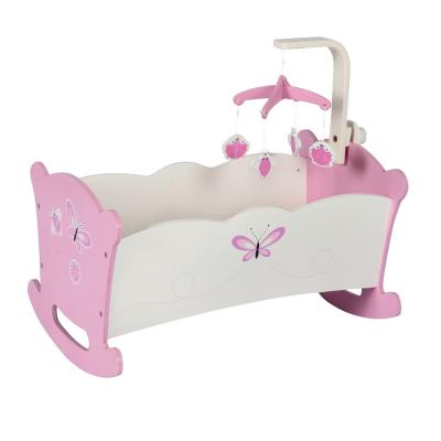 China Age 3-8 Years Wholesale To Pretend Play Wooden Furniture Pink Sleeping Doll Crib Toys for sale