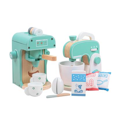 China Pretend To Play Children's Simulation Kitchen Tableware Game Home Blender Wooden Toy Coffee Machine Toys Set For Children for sale