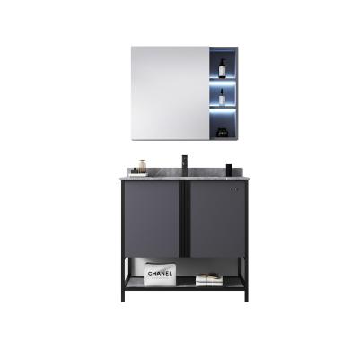 China New Environmental Friendly Luxury Bathroom Cabinet Set With Rock Slate Sink Led Mirror Cabinet With Stainless Steel Material Bathroom Cabinet for sale