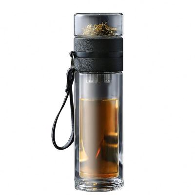 China New Sustainable Creative High Borosilicate Glass Bottle With Separated Tea Cup for sale