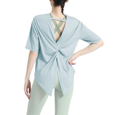 China S~XXL Viable Custom Women's Solid Color Solid Color Summer Loose Leisure Short Sleeve Knot Cutout Backless Top For Girl Wholesale for sale