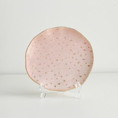 China Viable Wholesale Ceramic Reactive Gold Rim Pink Cute Customized Chandelier Design 7.2 Inch Round Porcelain Dinner Plate Set for sale