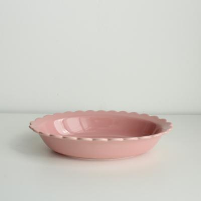 China Wholesale Viable High Quality Ceramic Kitchenware Bakeware 10 Inch Cute Pink Flower Shape Customized Bake Pan Sets Pie Pan Pasta Bowl for sale