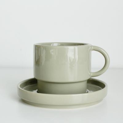 China Sustainable Ceramic Cup Coffee Tea Set With Handle Simple Creative Style Gray Beige Mug Customized Unique Drinkware Style Cup And Saucer for sale