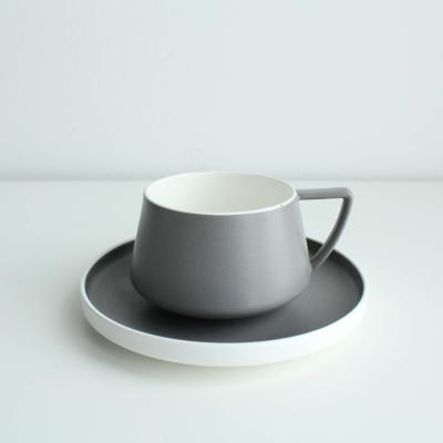 China Sustainable Ceramic Cup Coffee Tea Set With Handle Simple Creative Style Gray Cup 280ml Customized Drinkware Unique Style Cup And Saucer for sale