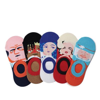 China Newest Viable Custom Design Unisex Cartoon Pictures Happy Funny Cotton Silicone Invisible Socks for sale