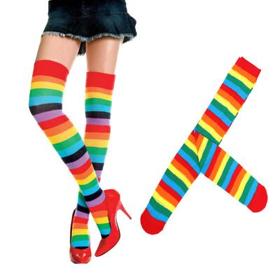 China ODM Viable School Loose Stock Colorful Long Stripe Over The Knee High Rainbow Socks For Women for sale