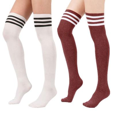 China Cheap Stock Winter Warm Solid Color Sustainable Knitted Stripes Over The Knee High Women Socks for sale