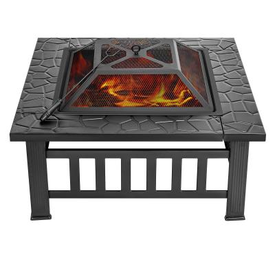 China Stocked 32 Inch Heavy Duty 3 In 1 Square Patio Fire Pit Metal Table Wood Burning Outdoor BBQ Garden Stove With Spark Screen for sale