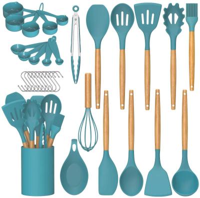 China Sustainable 33 Pcs Non-Stick Silicone Cooking Kitchen Utensils Spatula Set With Holder Handle Silicone Wooden Kitchen Gadgets Utensil Set for sale