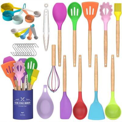 China Sustainable 33 Pcs Non-Stick Silicone Cooking Kitchen Utensils Spatula Set Wooden Handle Silicone Kitchen Instruments Utensil Set Colorful for sale