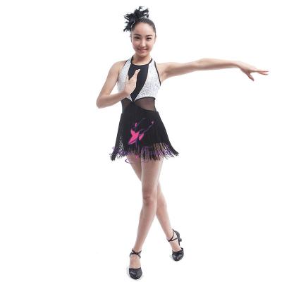 China Girls Black/White Sequin And Mesh Dance Bodice Sets New Arrival With Black Tassel Skirt And Tap Dance Jazz Costume 16042 for sale