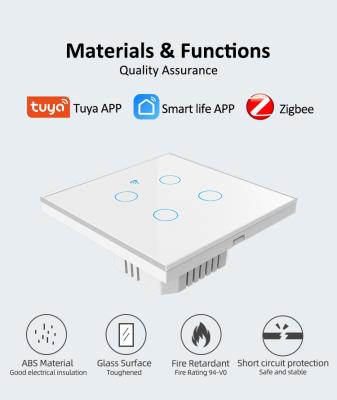 China Zigbee Smart Switch Type 86 For Eu/Uk Standards 4 Gang Tempered Glass Panel for sale