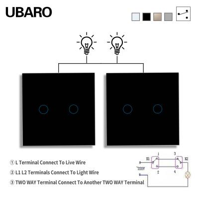 China 2Gang 2Way doble interruptor negro vidrio templado panel de control de cable en vivo único escalera y interruptor de dormitorio en venta