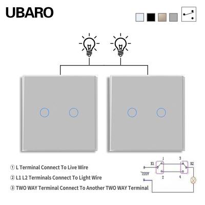 Китай UBARO серый двойной сенсорный переключатель ручной сенсорный 2 Ганг 2 Way Smart Light Switch Live Wire Control 2000W/gang продается