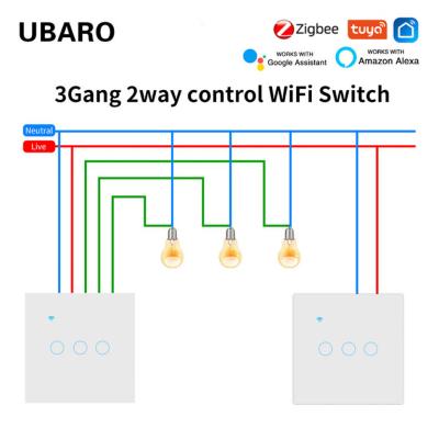 China 1000W Interruptor de luz doble Control de alambre neutro 190g 3 Gang 2 Way Interruptor inteligente Zigbee Smart Home Need Gateway en venta