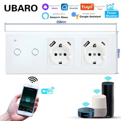 China 2 USB Port Switch Plug Kombination 2100mA gehärtetes Glas Panel White Plug Sockets zu verkaufen