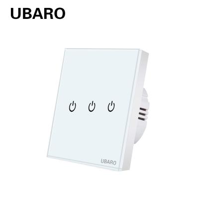 Chine Modèle de base UBARO IP20 Compatible avec boîte carrée ou ronde 3 panneau de verre trempé 10A Commutateur de lumière tactile à vendre