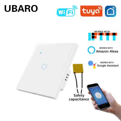 China 1gang Need Capacitor Tuya WIFI Smart Light Switch with Tempered Glass Panel and Voice Activated Remote Control for sale