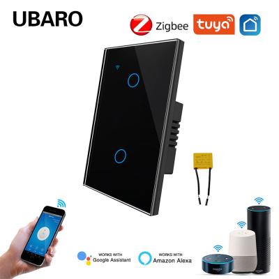 China Interruptor Zigbee inteligente Tuya de 2 entradas con soporte de 21 idiomas para Control de luz Panel de vidrio templado Control de cable vivo en venta