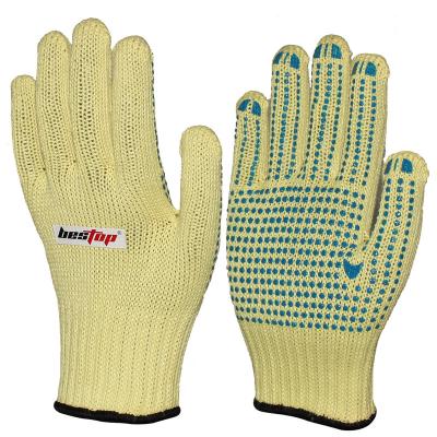 China Seeway Anti-Cut Cut Resistant Grade 4 Aramid Knitted Hand Gloves with Blue PVC Grip Dots for sale