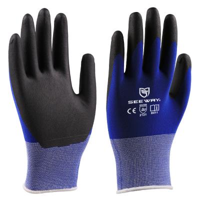 China Seeway 18 Gauge Black Nylon Knitting PU Dipped Ultra Thin Safety Gloves for sale