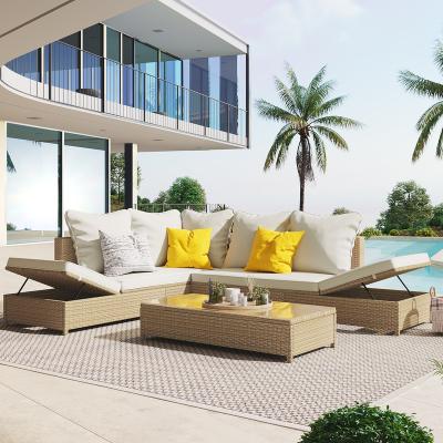 China Brown Rattan Outdoor Weather Furniture All Weather Furniture Garden Sofa Set Long Outdoor Sofa Adjustable Height Three Piece Chaise for sale