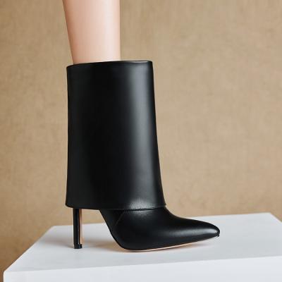 China Fashion waterproof women's shoes black leather fold over soft calf boots medium high heel women's boots for sale