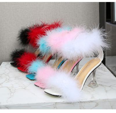 China New Fashion Trend Women's Glass Sandals Women's Heel Sandals Rabbit Hair Decoration Summer Heeled Elegant Shoes for sale