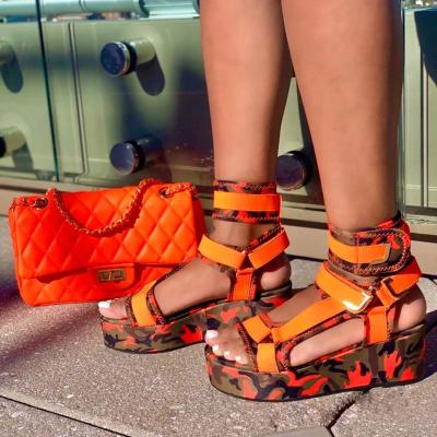 China 2021 Hot New Fashionable Colorful Anti-Smell Printing Women Platform Sandals Thick Bottom Wedges Gladiator Sandals for sale